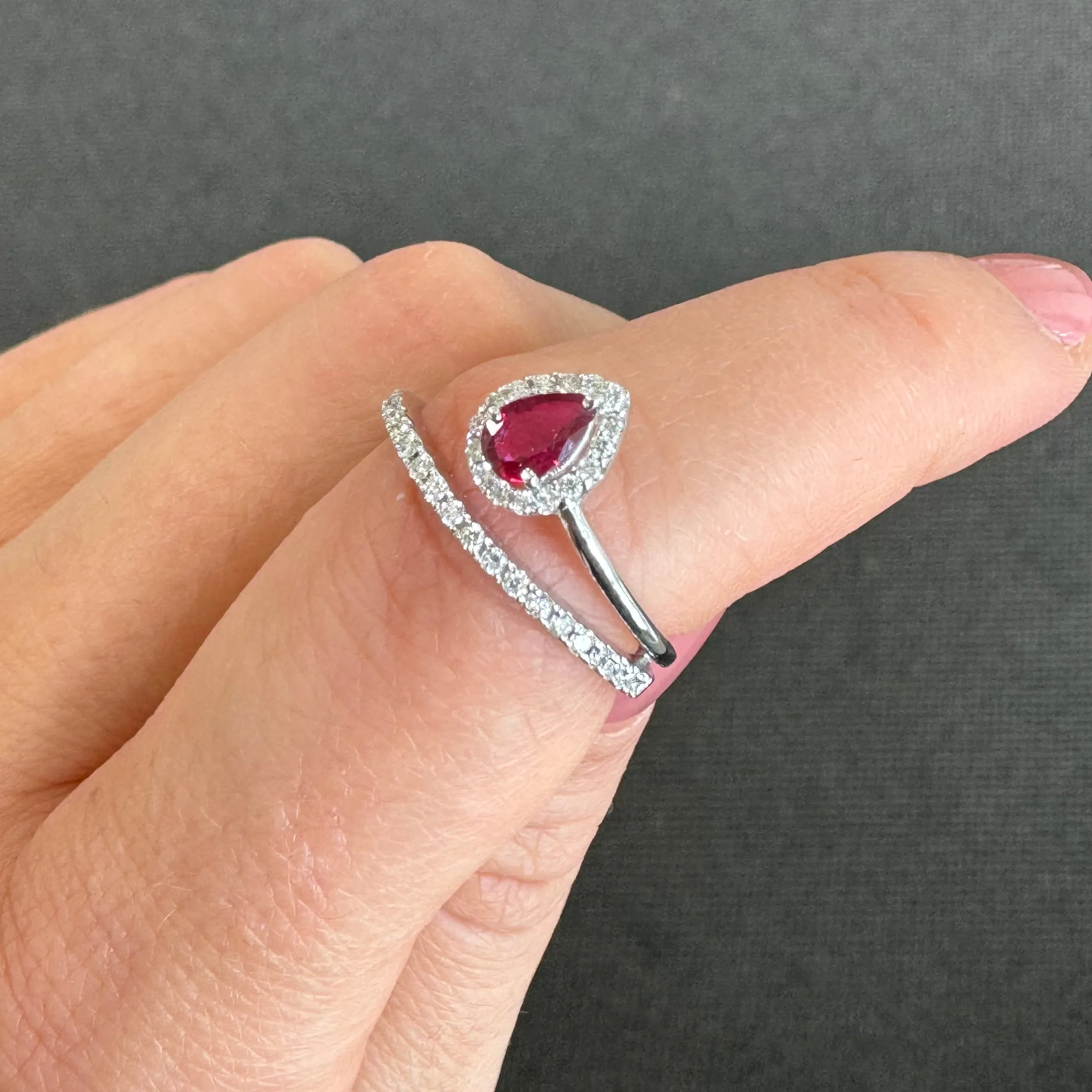 18ct White Gold Pear Shaped Ruby & Diamond Halo Ring