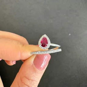 18ct White Gold Pear Shaped Ruby & Diamond Halo Ring