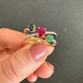 18ct Yellow Gold Ruby, Emerald & Sapphire Diamond Ring