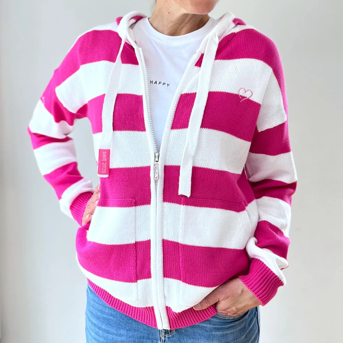 Herzlein® Strickjacke mit Streifen in Pink - Weiß