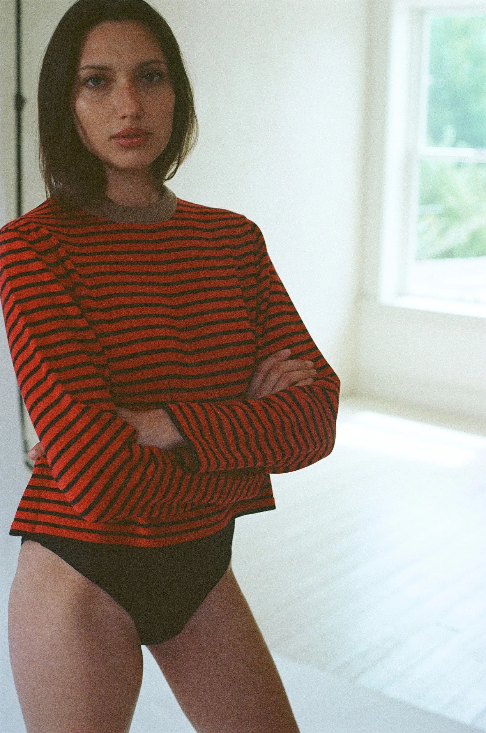 Merino Wool Striped Tee in Red