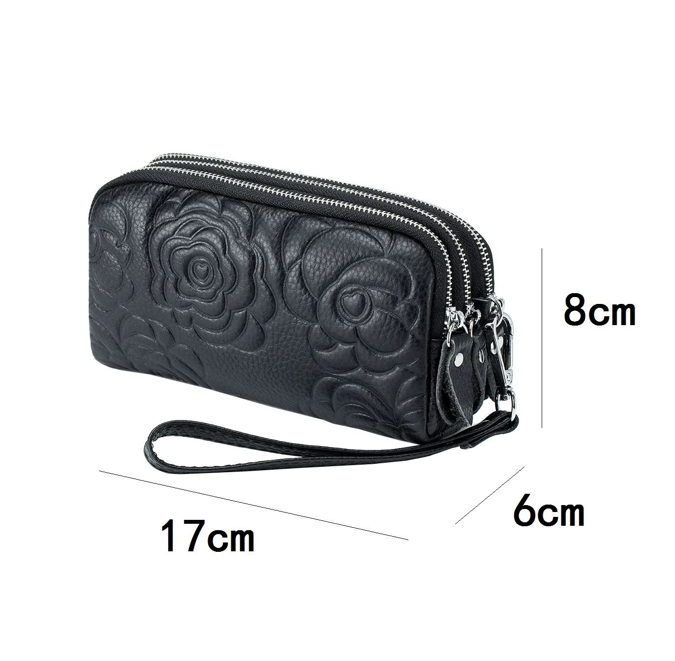 Women's cowhide leather floral pouch with triple zip